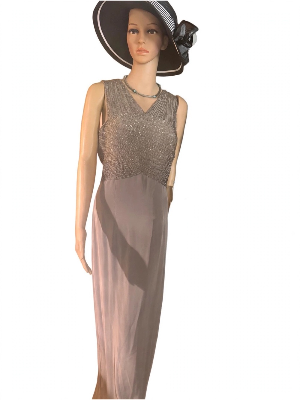 Jovani 8 Elegant Sleeveless Taupe Evening Dress with Beaded Bodice fits 4-6 size